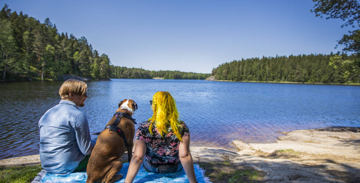 Pariskunta istuu viltillä koiran kanssa ja ihailee järvimaisemaa